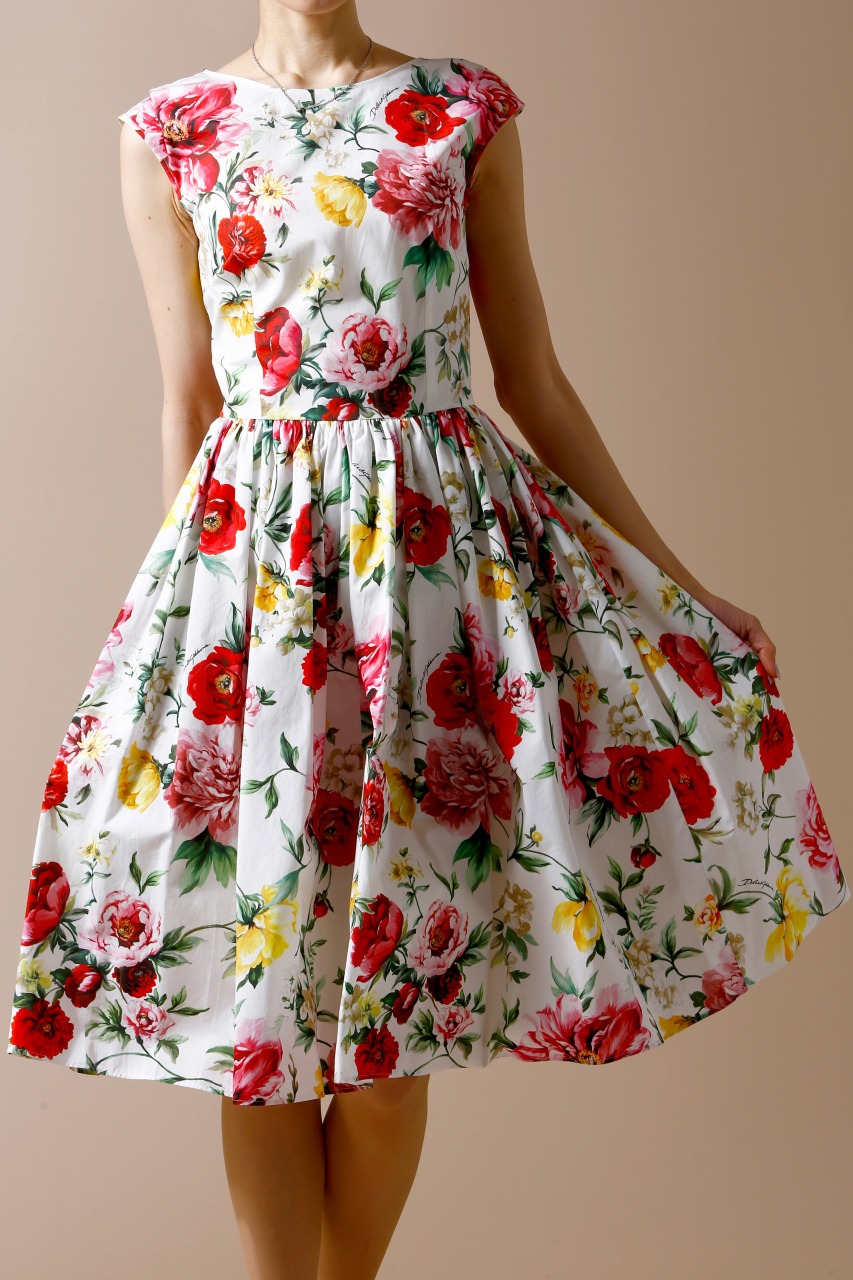 DOLCE＆GABBANA　薔薇水彩画風プリントAラインワンピース