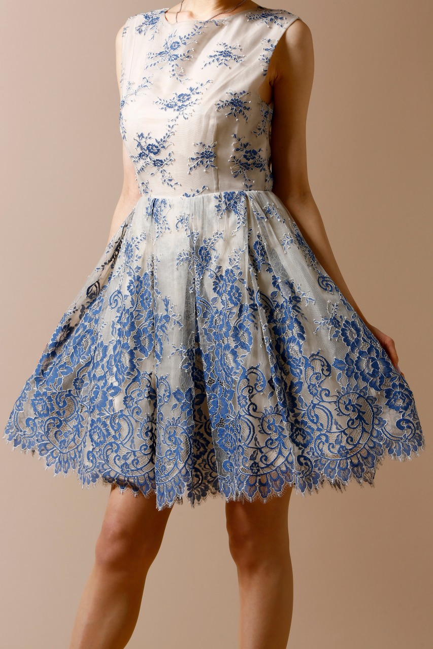 Alice+olivia 水色レース花柄シフォンフレアドレス